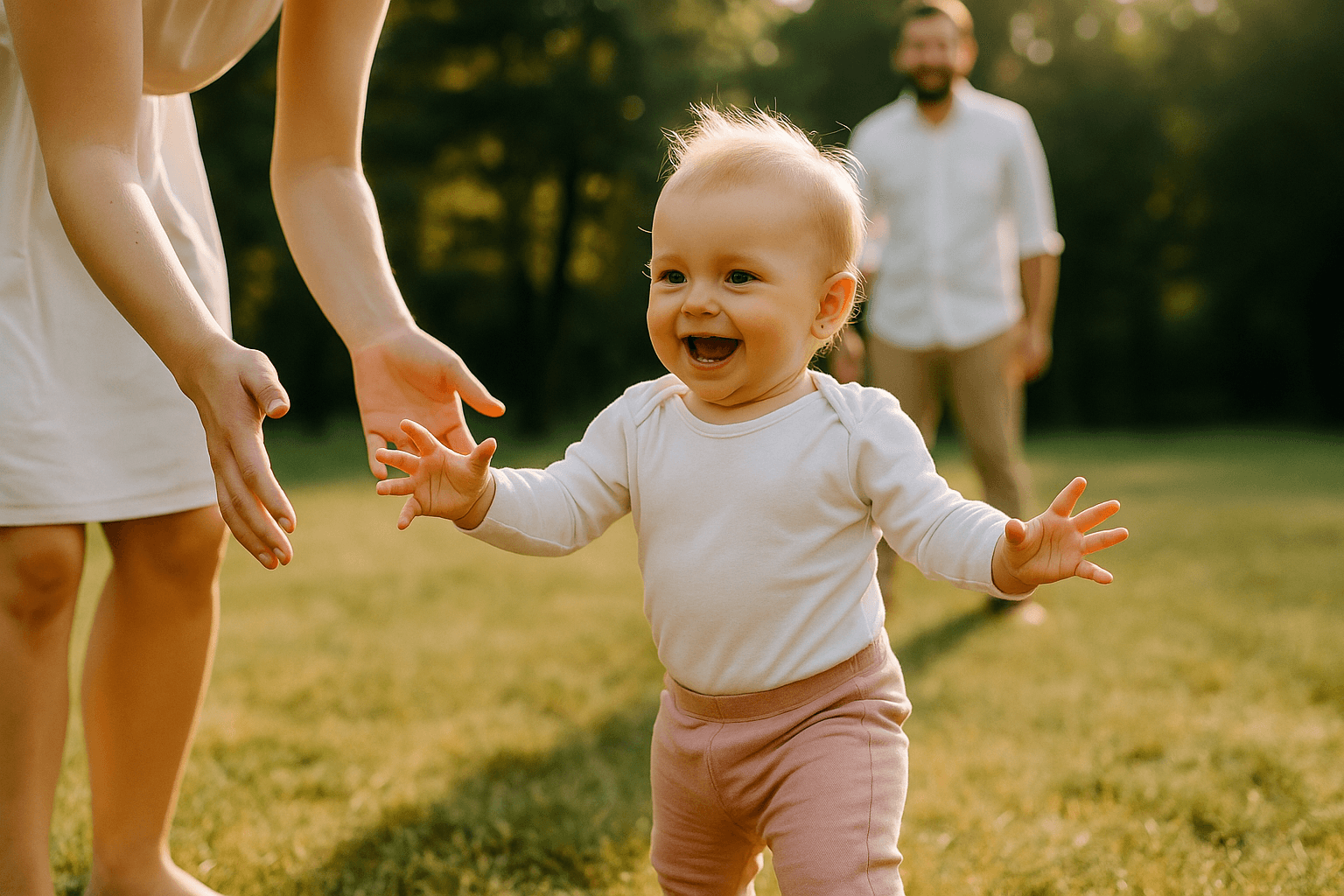 Toddler taking first steps outdoors with parents watching in park setting